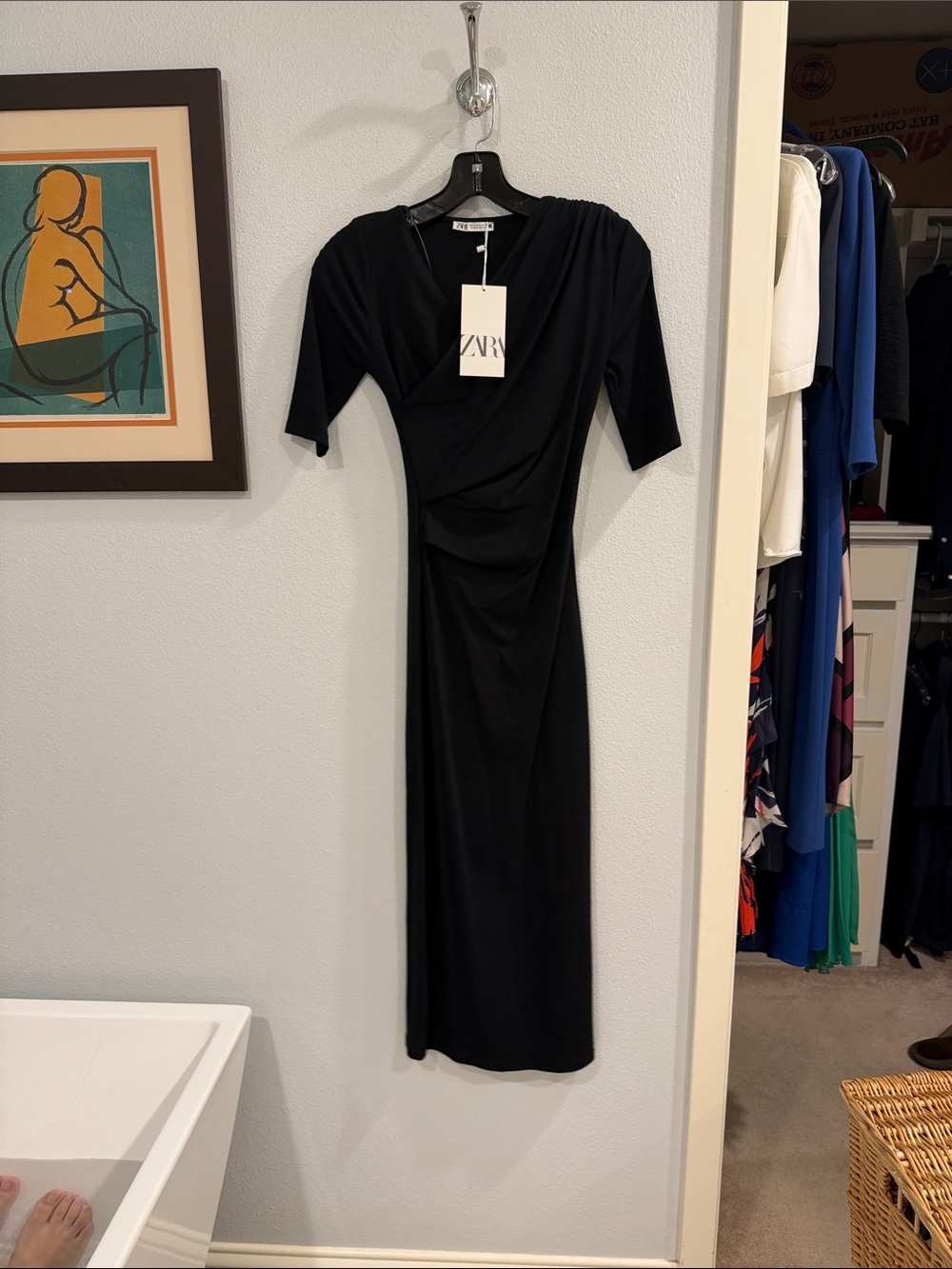 Zara Black Midi Draped Faux-Wrap Dress